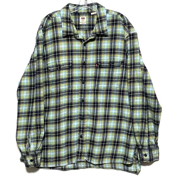 Levis The Worker Relaxed Fit Plaid Flannel Shirt Men XXL Green Blue Casual Cozy - Picture 1 of 9